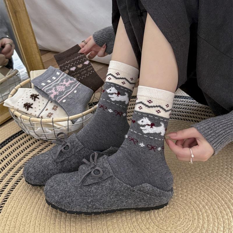 Женские осенне-зимние теплые толстые носки с милым щенком и бантом из шерсти барашка