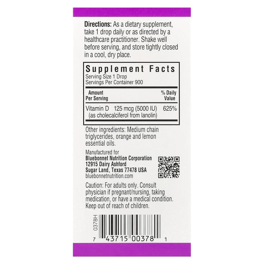 Bluebonnet Nutrition Liquid Vitamin D3 Drops, Citrus Flavor, 5000 IU, 1 fl oz (30 ml)
