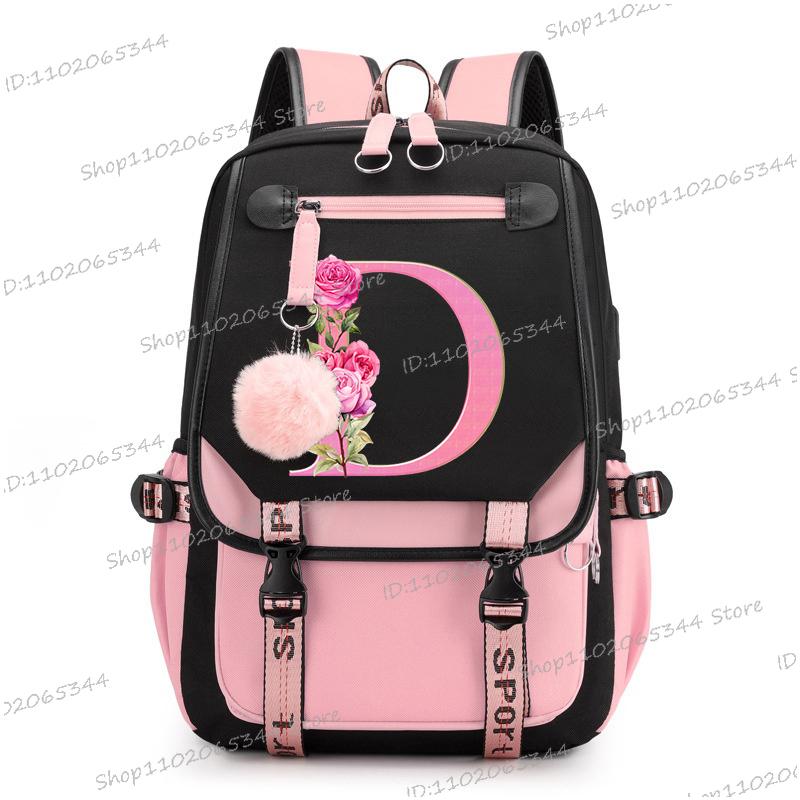 Подростковые рюкзаки Black Pink 26 инициалов Цветок Алфавит от А до Я Большая вместимость Харадзюку Мода Молния Эстетичный Школьная сумка для студентов