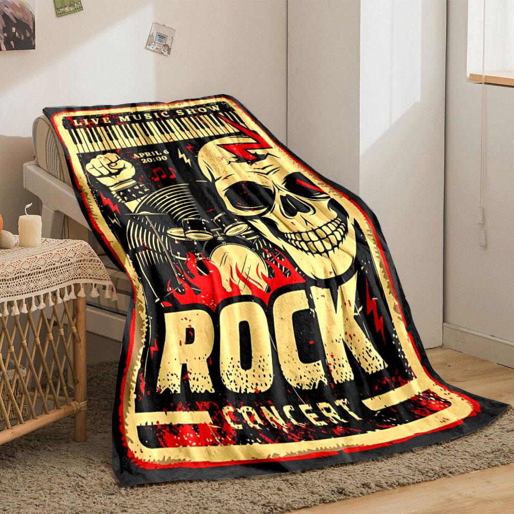 A rock concert poster with bold skull, flames, and musical motifs. for all seasons blanket lunch break throw gift