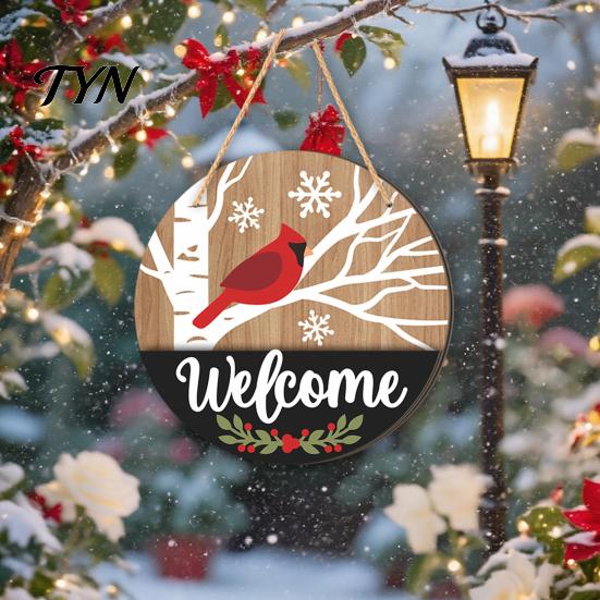 Retro Style Holiday Decoration Round 2D Wooden Welcome Sign, Farmhouse Christmas Door Hanger with Rope, Deer Indoor Outdoor Festive Ornament Tree Bird