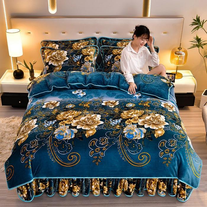 Утолщенный Молочный Флис Четырехпредметный Пододеяльник из Кораллового Флиса, Флисовая Простыня, Двустороннее Флисовое Фланелевое Постельное Белье, Юбка для Кровати