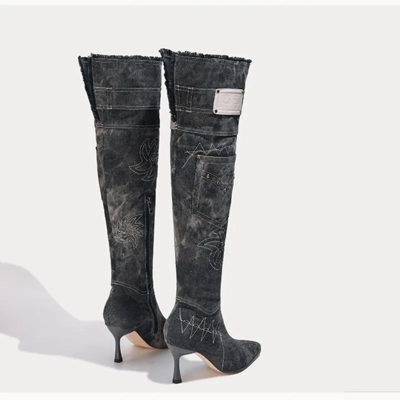 Мода 2024 года, высококачественная женская обувь, женские сапоги на молнии, модные современные сапоги с заклепками, женские сексуальные сапоги с острым носком до колена, Zapatos Mujer