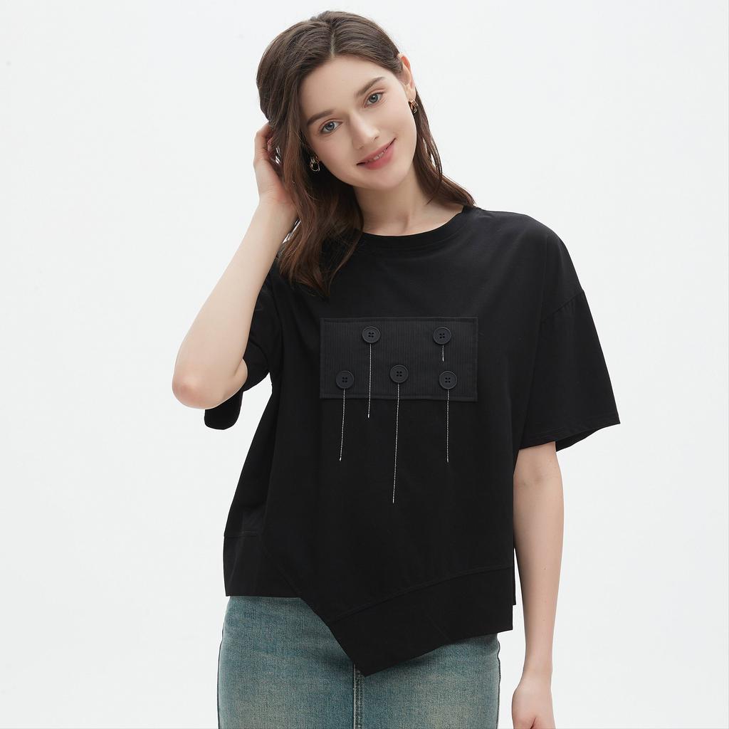Dimanaf 2025 Summer Pocket T-shirt Women Printing Buttons Asymmetrical Short Sleeve Loose