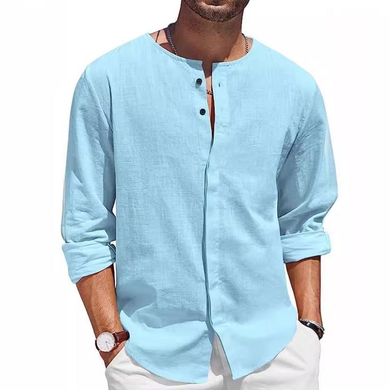 Foreign Trade Men's Cotton and Linen Shirt Long-sleeved T-shirt Button-neck Casual Beach Shirt