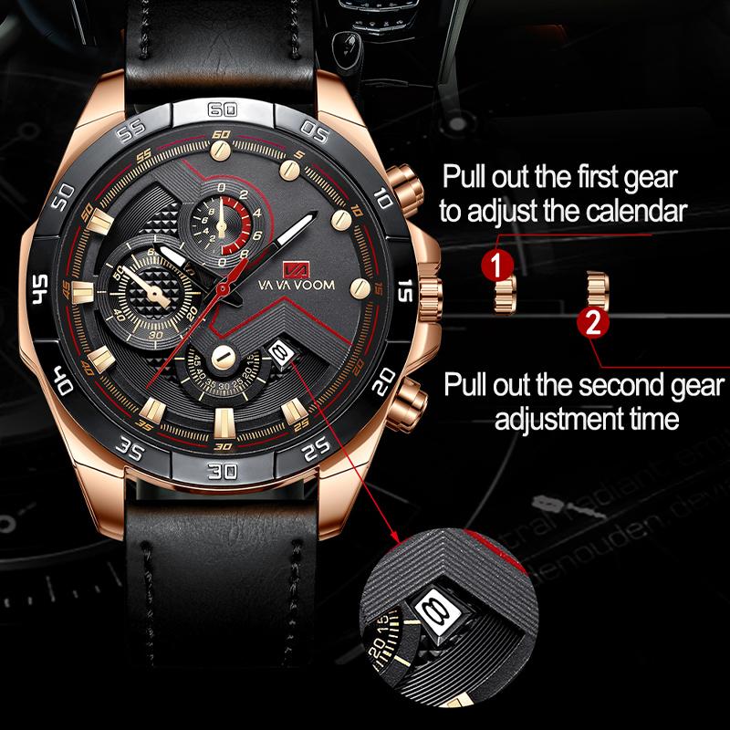 VA VA VOOM Спортивные часы для мужчин, модные кварцевые часы, лучший бренд класса люкс в стиле милитари, водонепроницаемые наручные часы из нержавеющей стали с хронографом и кожаным ремешком