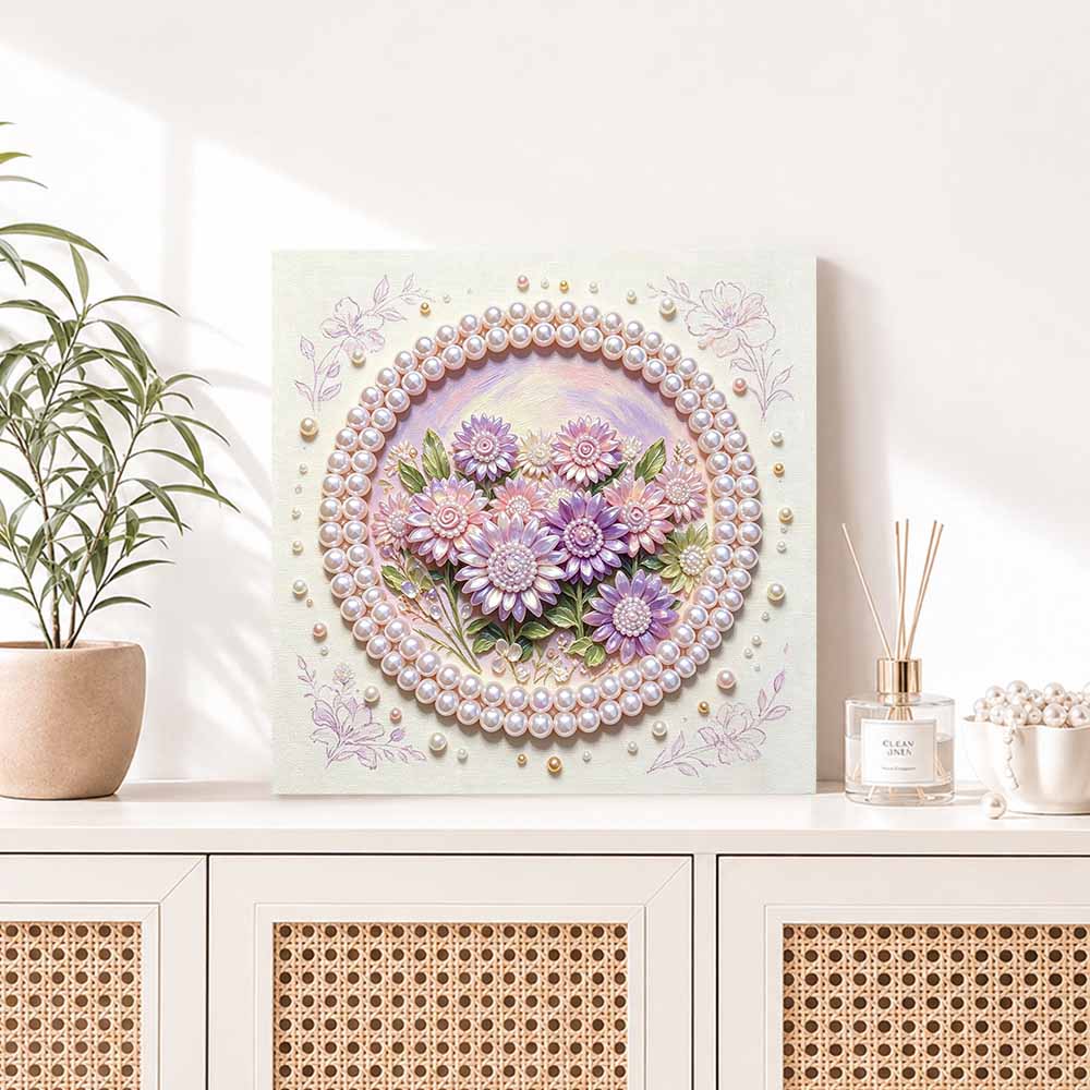 Pearl painting kit DIY purple floral bouquet pattern. home or office wall decoration