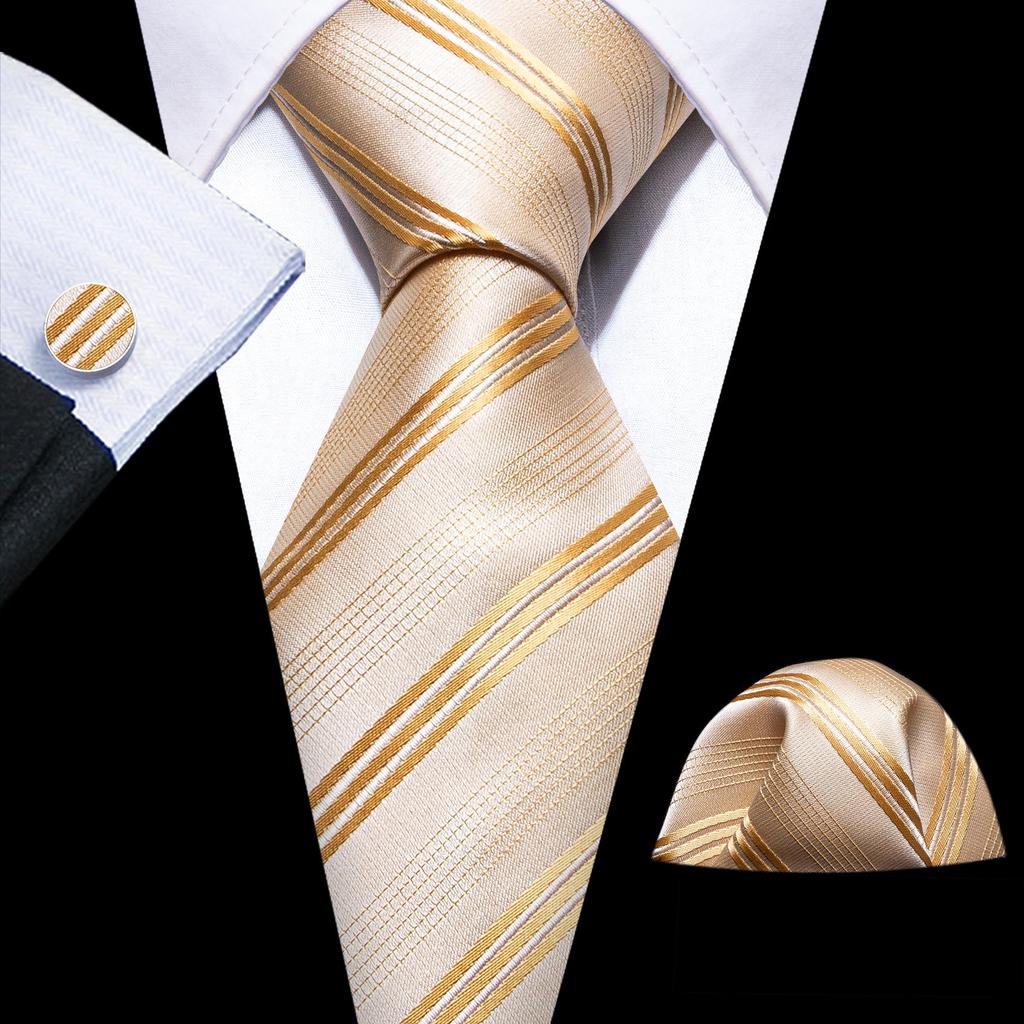 Barry.Wang Necktie Hankerchief Cufflinks Set Earth Yellow Paisley Jacquard Woven Wedding