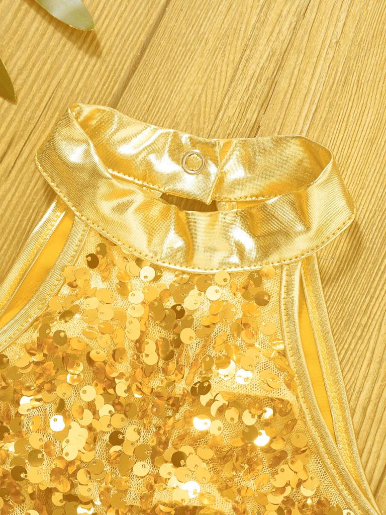 Girls Sparkling Dance Set Sleeveless Round Collar Backless Shiny Sequins Tiered Crop Top Elastic Waist Skirt