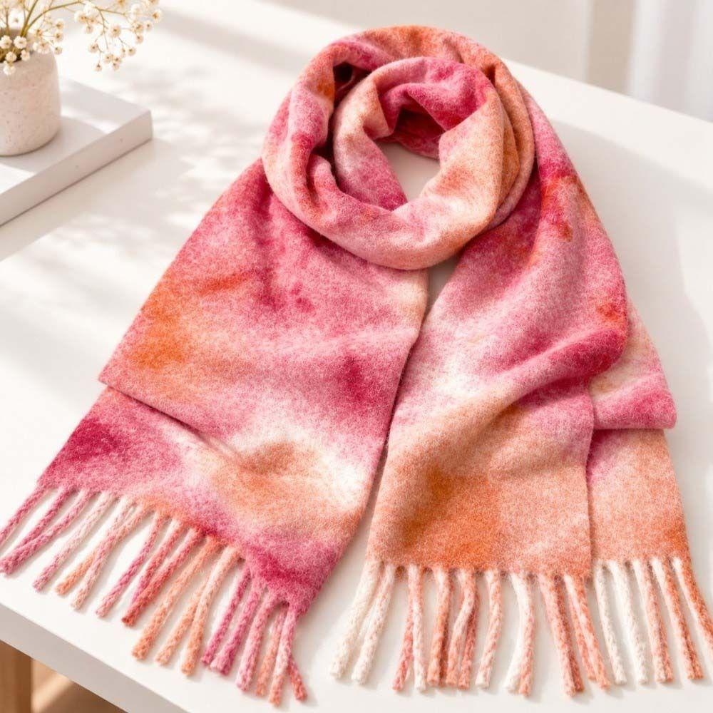 Western Style Tie Dye Scarf Boucle Knit Winter Neck Warmer Boucle Yarn Poncho Gradient Shawl Women