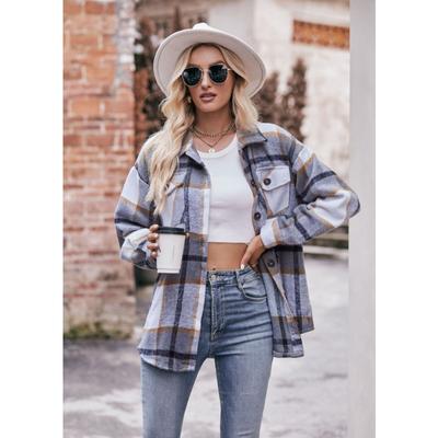 Женская мода, повседневные клетчатые принты, осенне-зимние куртки и пальто-поло с длинными рукавами и воротником