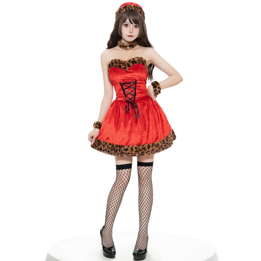 Сексуальное рождественское платье с леопардовым принтом размера M-XL, одежда для рождественской вечеринки, косплей-форма с обхватом груди, рождественская одежда для девочек