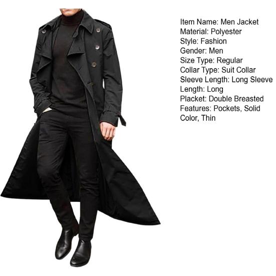 Men Trench Coat Lapel Long Sleeve Solid Color Windbreaker Double Breasted Long Style Outdoor Business Outwear