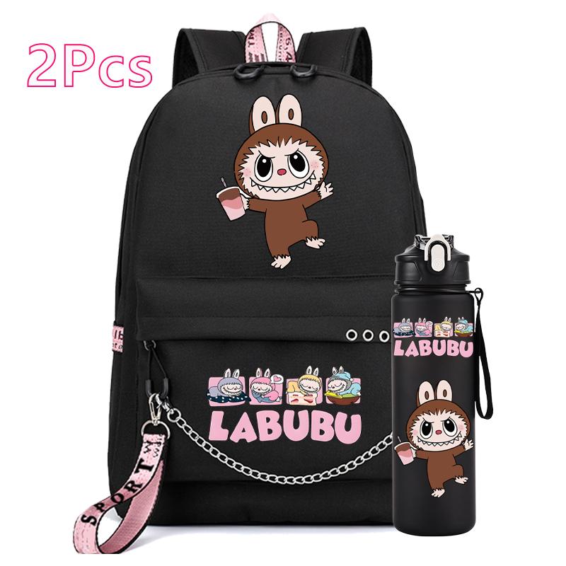 2Pcs/set Anime Printed Backpack Girl Schoolbag Teen Student Back To School Mochila Rucksack Child 750Ml Sport Water Bottle