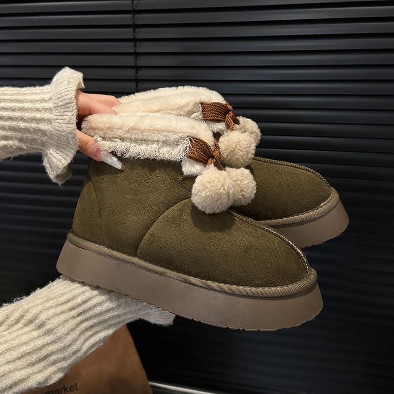 Cute Hairball Platform Snow Boots Women's Warm Plush Thickened Cotton Shoes Fluffy Short Boots