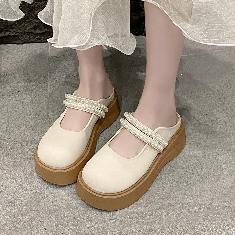 2025 Summer New Women's Shoes Muffin Platform Mary Jane Shoes Pearl Bag Head Slippers Casual Versatile Half-drag