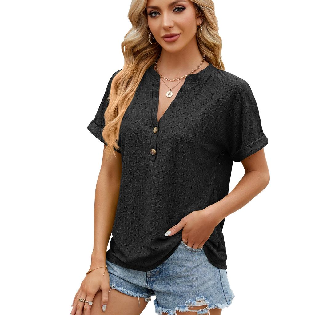 Spring and Summer Solid Color V-neck Button Loose Short-sleeved T-shirt Top Women's Clothing