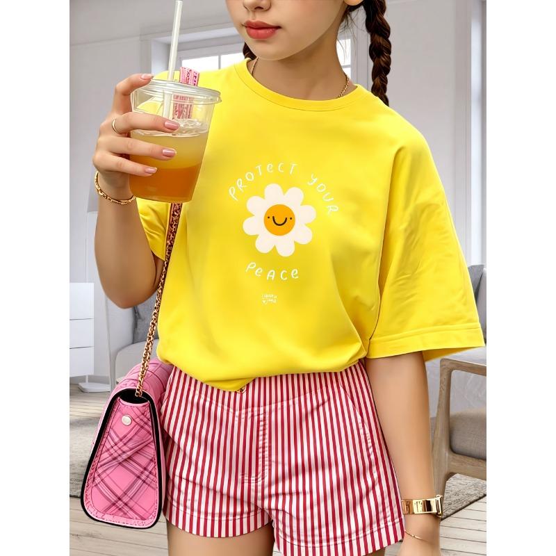 Protect Your Peace Smiley Daisy Circle Letter Print Kids T-shirt Soft Cotton O-Neck Short Sleeve Unisex Boys Girls Summer Casual