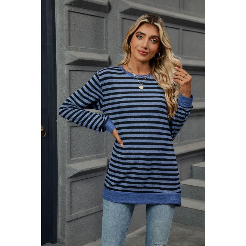 Осенне-зимняя женская блузка больших размеров в полоску с круглым вырезом и длинными рукавами, свободный топ