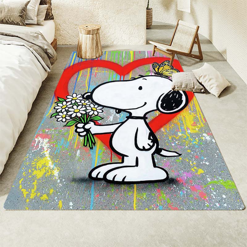 Cute Snoopy print decorative rug, perfect for home, bedroom, bedside, or office use, including swivel chairs.