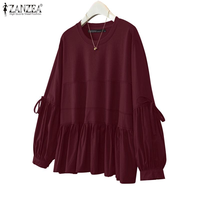 ZANZEA Женская блузка с круглым вырезом, свободного кроя, повседневная, с длинным рукавом, однотонная