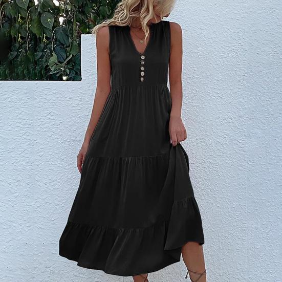 Летнее платье миди с V-образным вырезом, плиссированным лоскутным подолом, трапециевидной формы без рукавов, однотонный декор с пуговицами, свободное до середины икры, пляжное женское длинное платье для отпуска