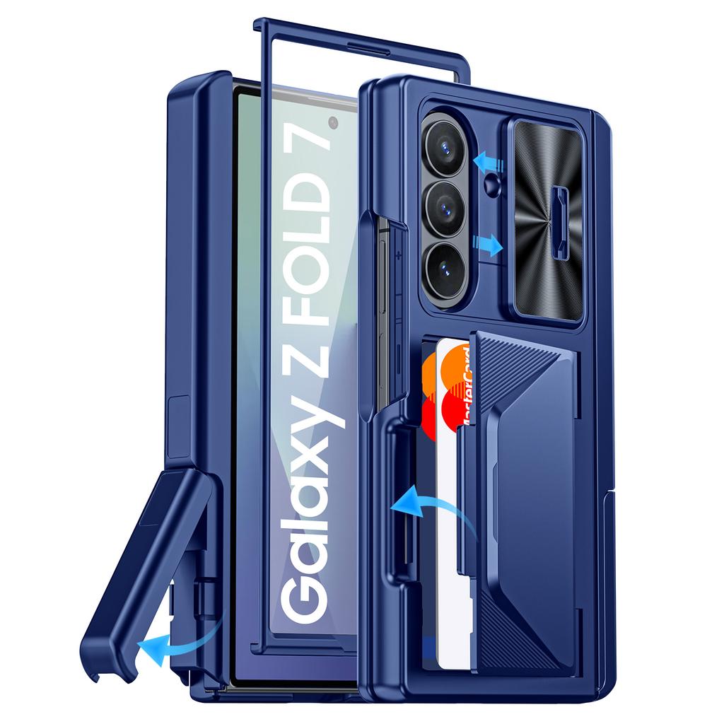 Для Samsung Galaxy Z Fold 7 С держателем для карт, Блокировка RFID, Встроенная сдвижная крышка для объектива и Защита шарнира и Подставка и Защитная пленка для экрана, Чехол-кошелек-Золотой