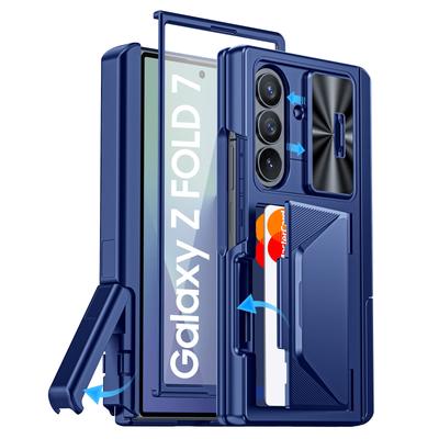 Для Samsung Galaxy Z Fold 7 С держателем для карт, Блокировка RFID, Встроенная сдвижная крышка для объектива и Защита шарнира и Подставка и Защитное стекло для экрана, Чехол-кошелек - Синий