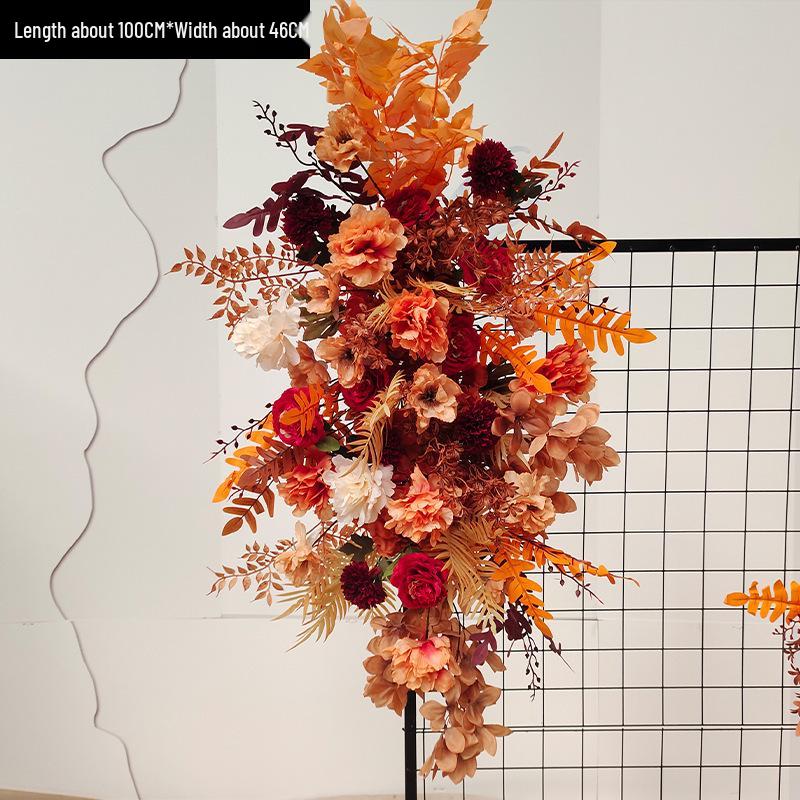 Red Floral Wedding Stage Backdrop with Artificial Flower Rows