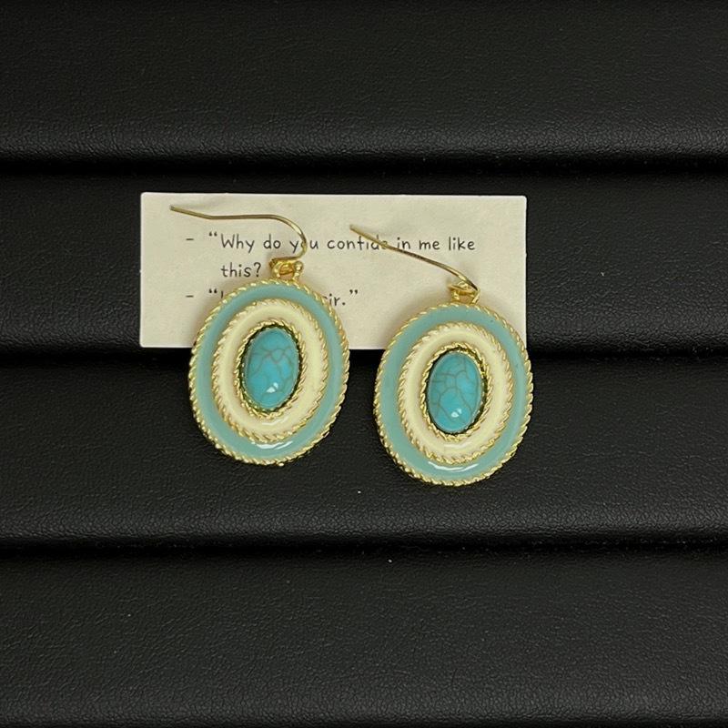 Французские ретро овальные серьги и ожерелье из бирюзовой эмали с натуральным камнем