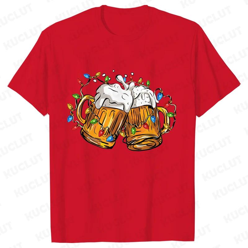 Merry Christmas Beers Men's T-shirt Drinking Lover Tees Shirt Funny Santa Beer Christmas Lights Graphic Oversized Tops for Men