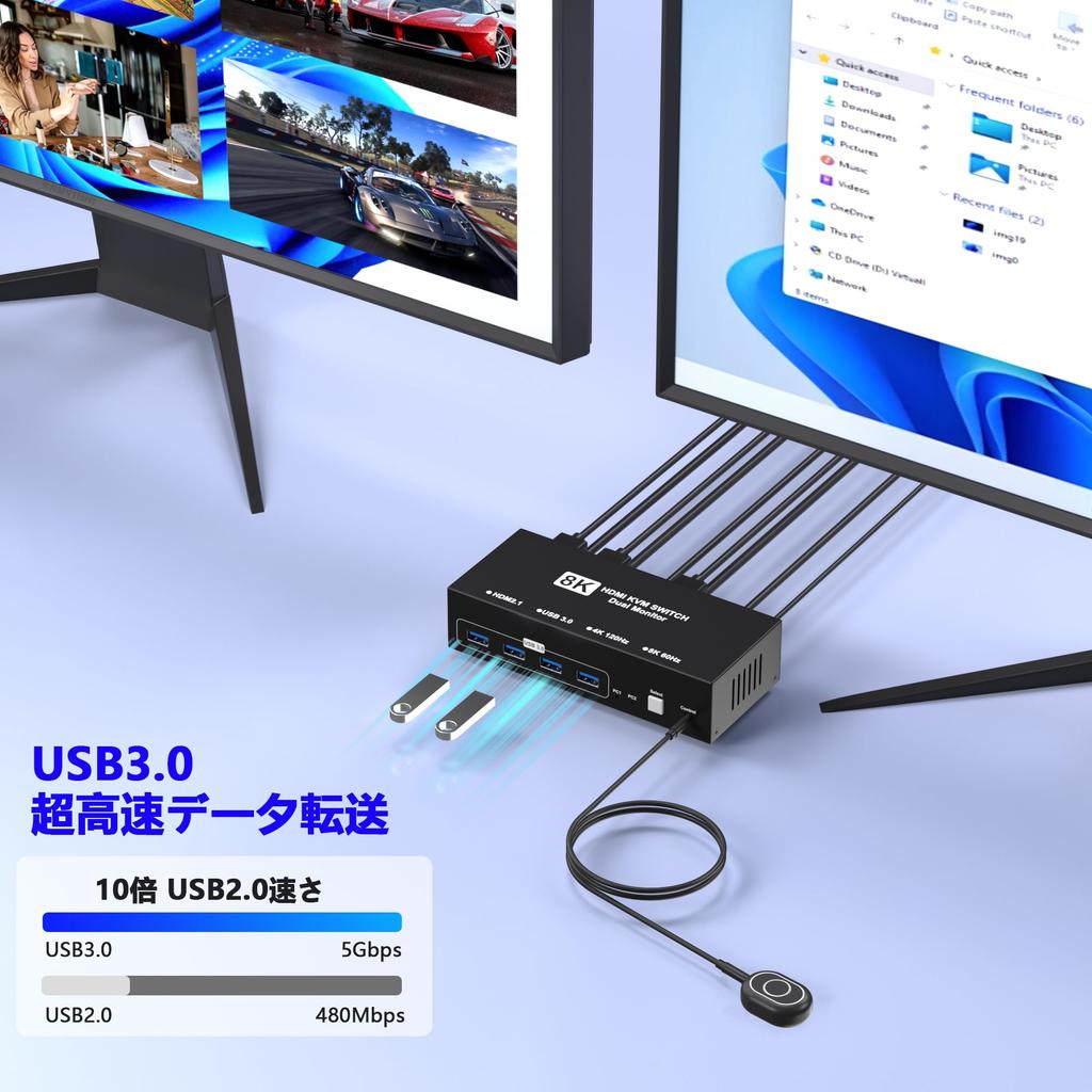 KVM-переключатель HDMI 8K@60Hz, 2 входа/2 выхода, HDMI KVM-переключатель, переключает между 2 ПК и 2 мониторами, 4 порта USB 3.0, поддерживает клавиатуру/мышь/принтер