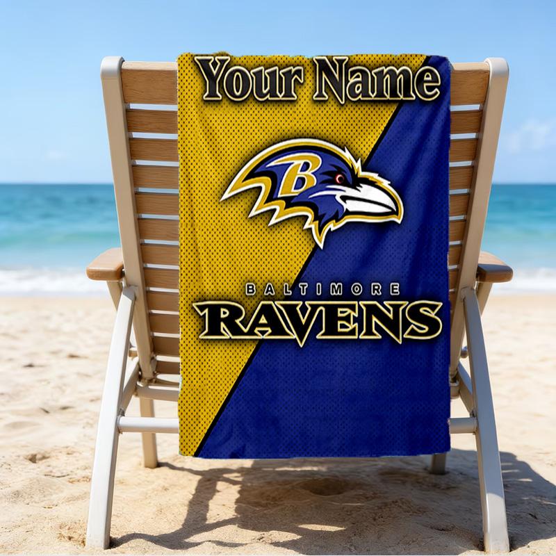 Custom Name Beach Towel Ravens Team Spirit Beach Towel, Soft Microfiber, Gift for Her/Him, Birthday, for Pool, Beach, Travel, Fan gifts