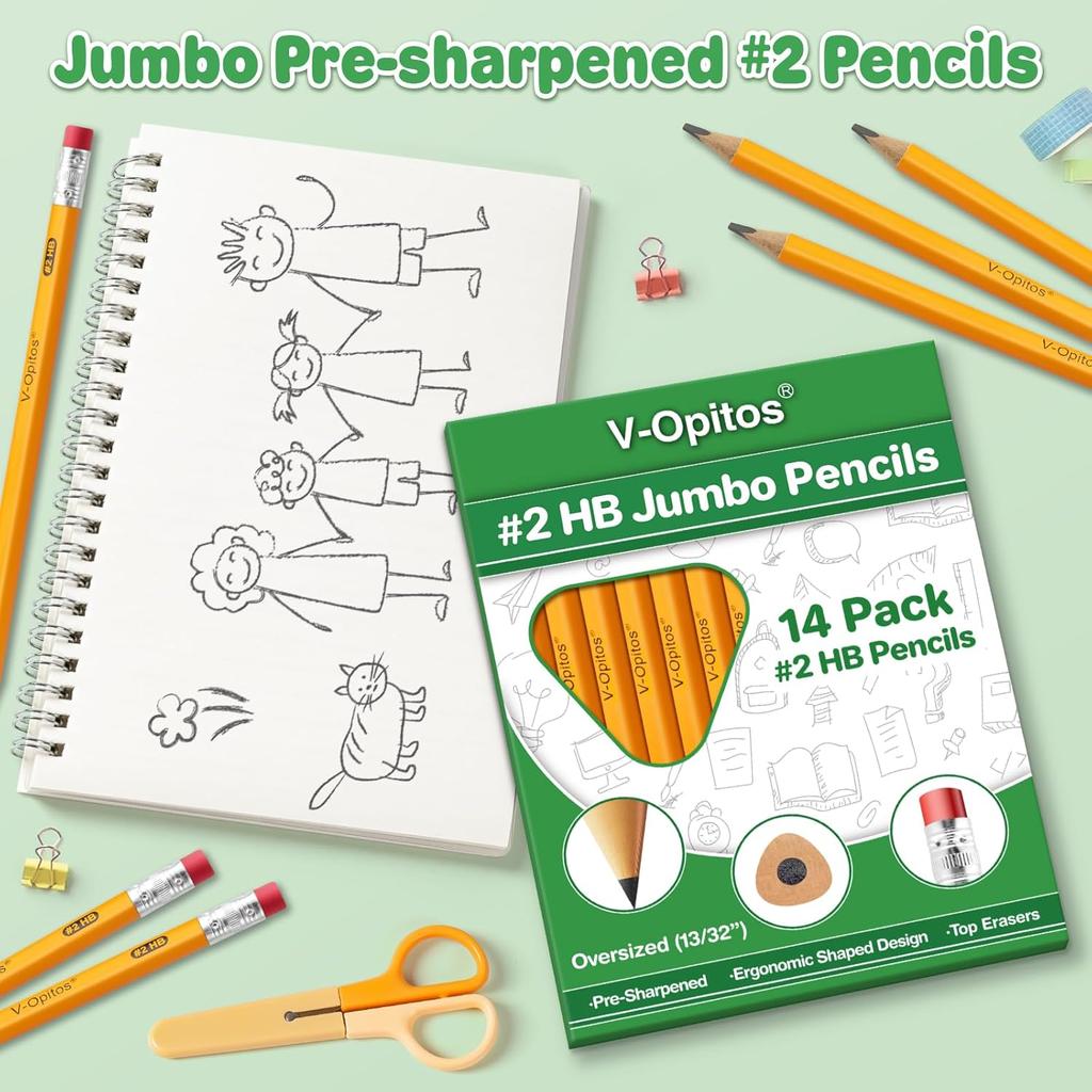 V-Opitos Jumbo #2 HB Pencils - 14 Pack Triangle Pre-sharpened Wood-Cased Pencils with Top Erasers for Kids, Ideal for Home, Kindergarten, School