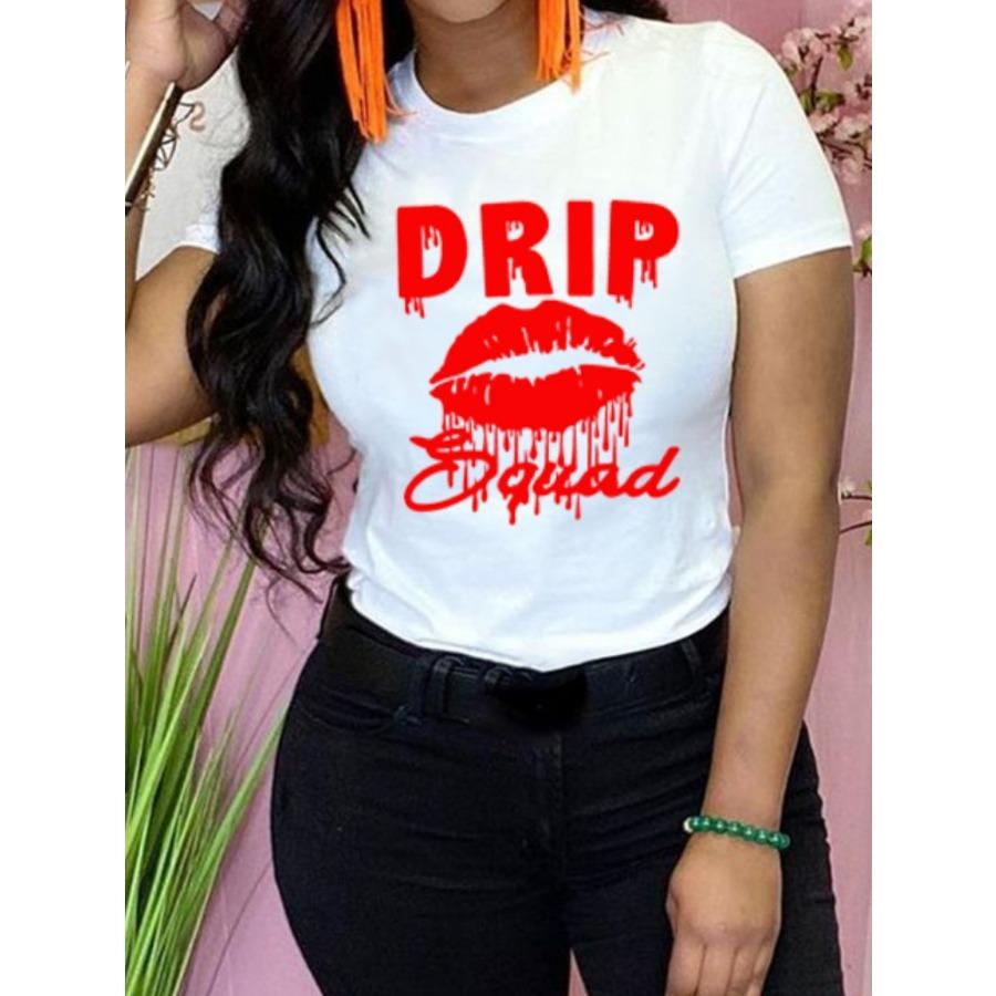 Красочные губы девушка напечатаны простые модные свободные круглый вырез чистый хлопок футболки женские