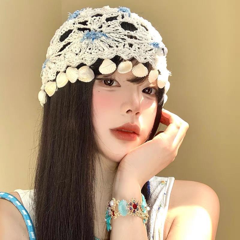 Spring and summer hand-woven hollow bald hat women's crochet ethnic style fringed pullover hat bohemian style knitted