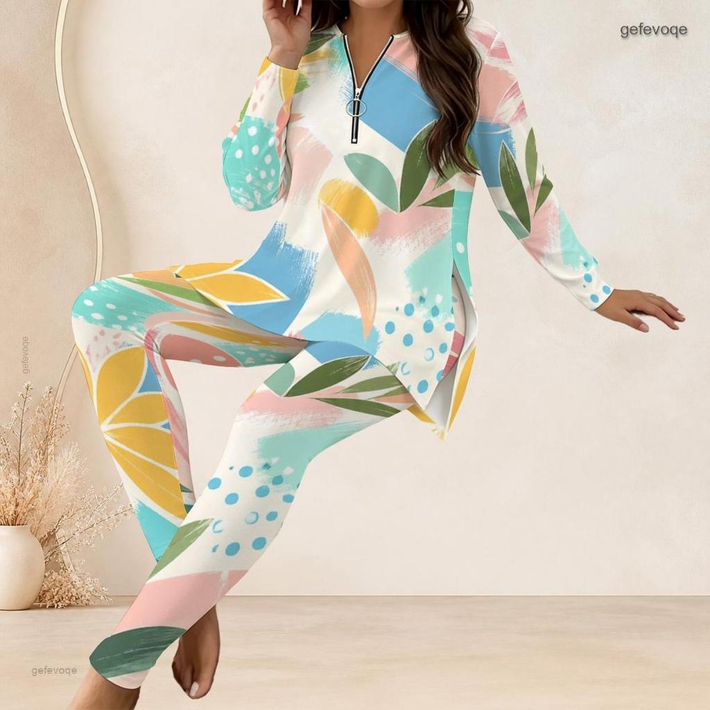 Women Plus Size Printed Half Zip Long Sleeve Longline Top Fitted Pants Two Piece Set