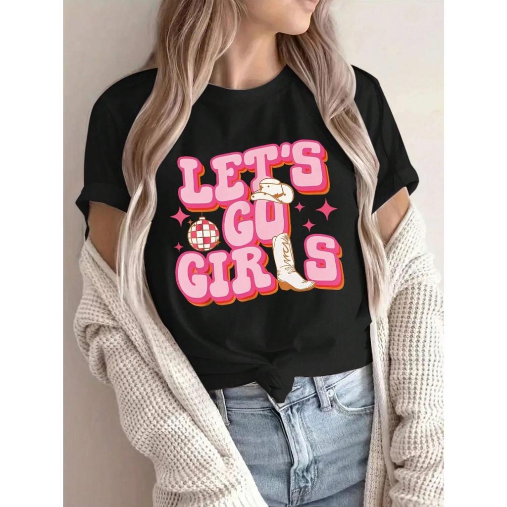 Women's Casual T-Shirt Disco Ball Graphic Letter Print Short Sleeve Round Neck Summer Fashion