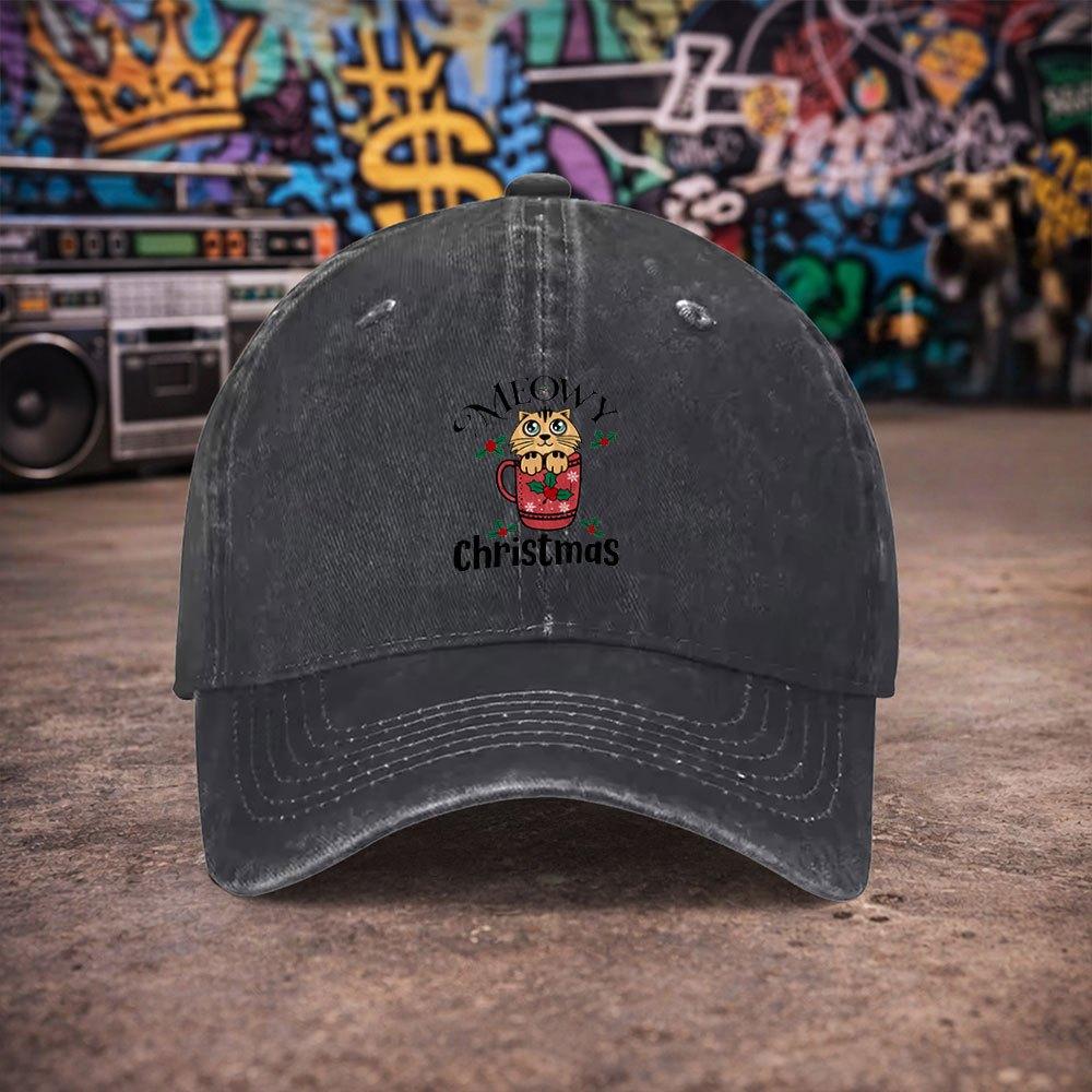 pc Unisex Christmas Cup Middle Cat Vintage Washed Baseball Cap UnisexS Trendy Hat Versatile Duckbill Cap Fun Print Unique