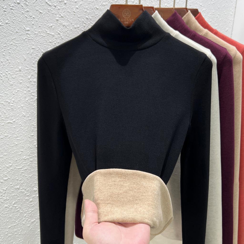Autumn and Winter Women's Clothing Containing Wool and Silk Bottoming Shirt Women's Inner Heating Fleece Warm Turtleneck Top with Fleece and Thicker