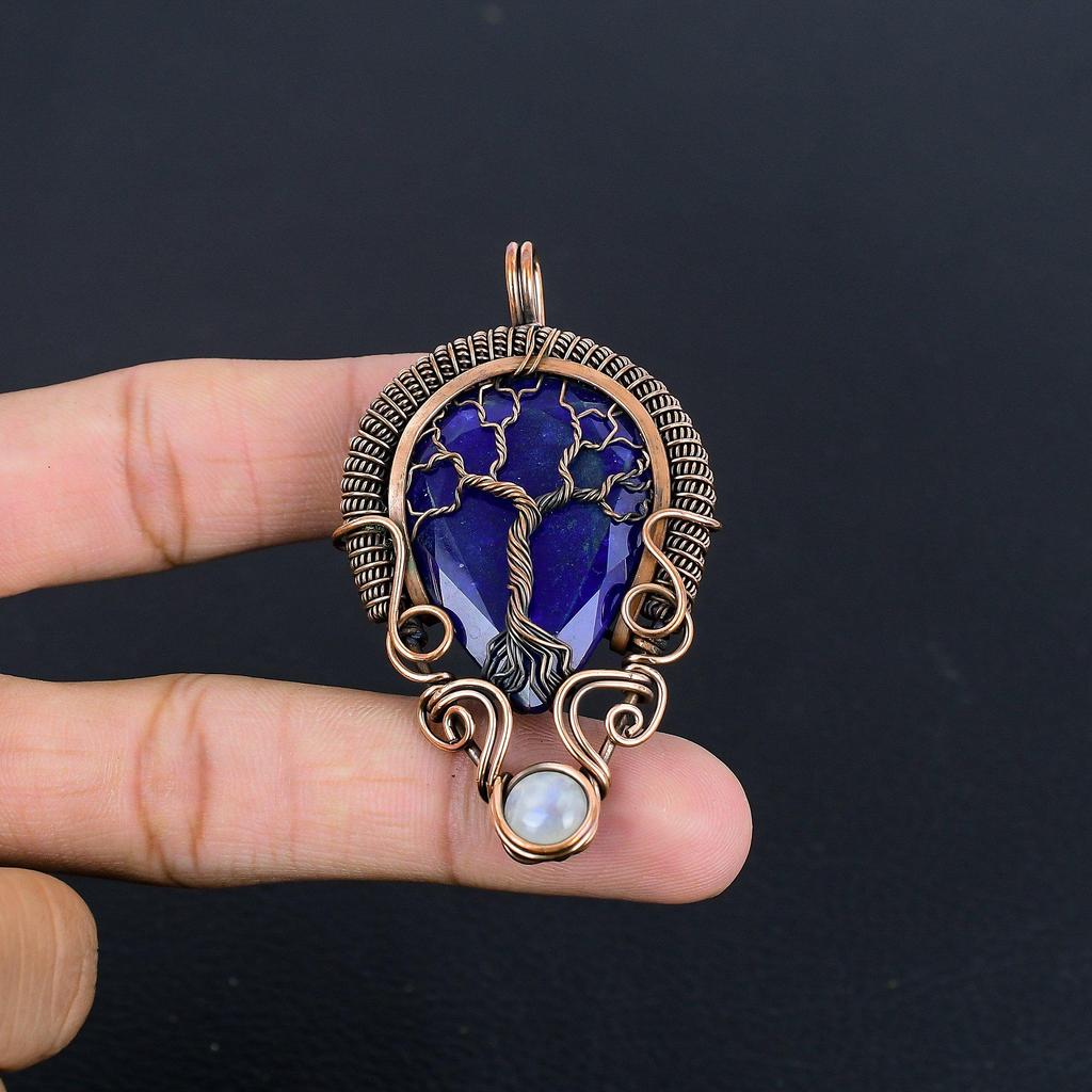 Blue Sapphire Pendant, Handmade Gemstone Pendant, 999 Copper Wire Wrapped Pendant Antique Jewelry, For Engagement Gift