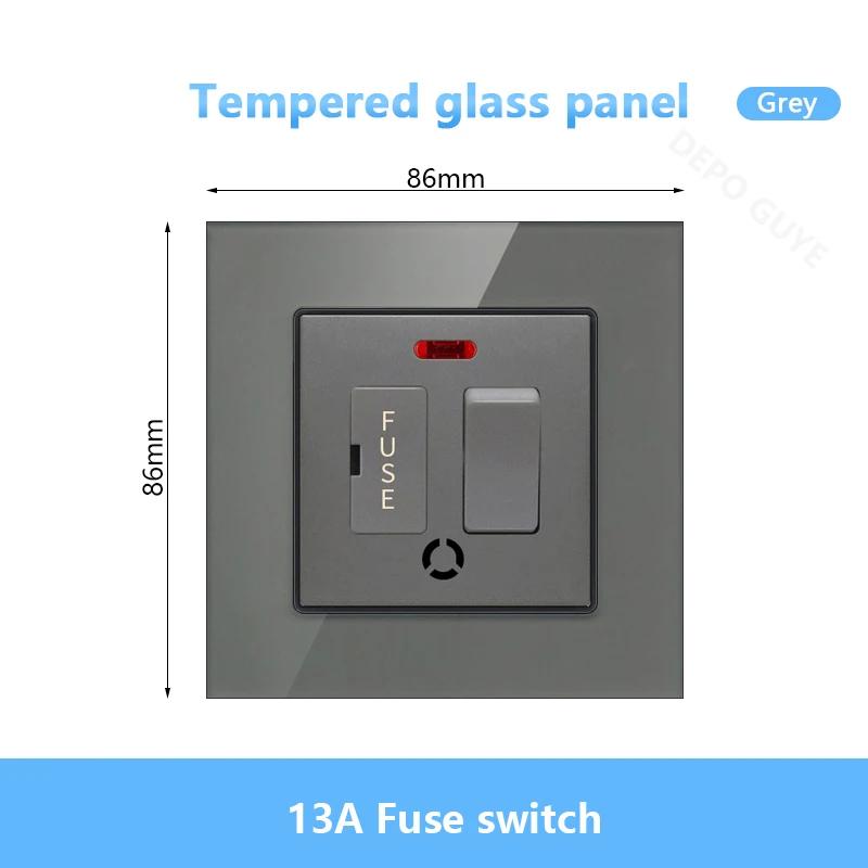 86 Тип UK 13A Переключатель с предохранителем Электрический выключатель Световые шпоры Неоновый черный Белый серый Закаленное стекло Предохранитель 13A Настенный выключатель Панель