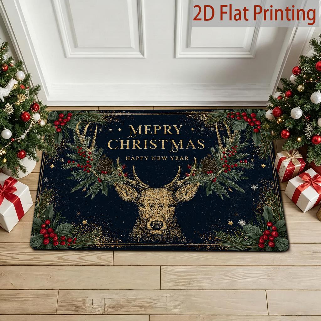 2D Flat Printing Black and Golden Vintage Reindeer Christmas Doormat, Holly Red Berries and Golden Glitter Stars 2D Printed Non-Slip Absorbent Entrywa