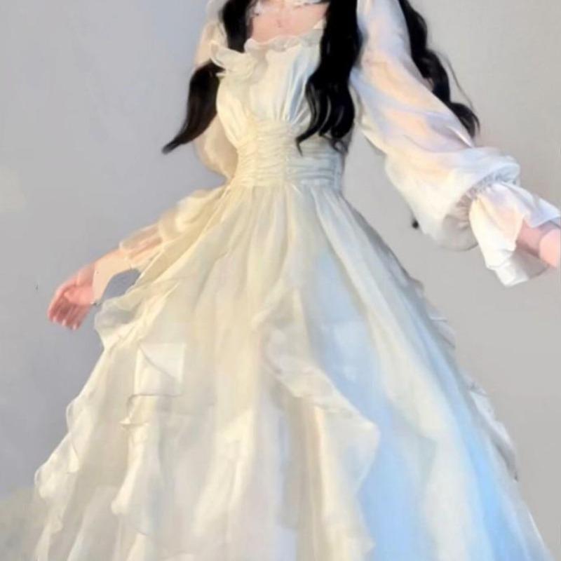 Элегантные однотонные платья феи с оборками, корейская мода, тонкое платье миди трапециевидной формы, весна-лето, женское вечернее платье принцессы, Vestidos