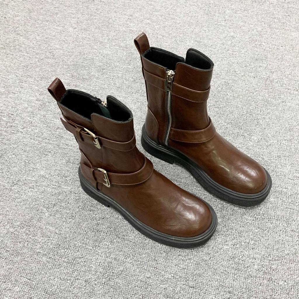 Найди второй волосок! Модные универсальные новые вымытые усадочные конские кожаные ботинки-мартин на толстом каблуке с боковой молнией, женские осенние