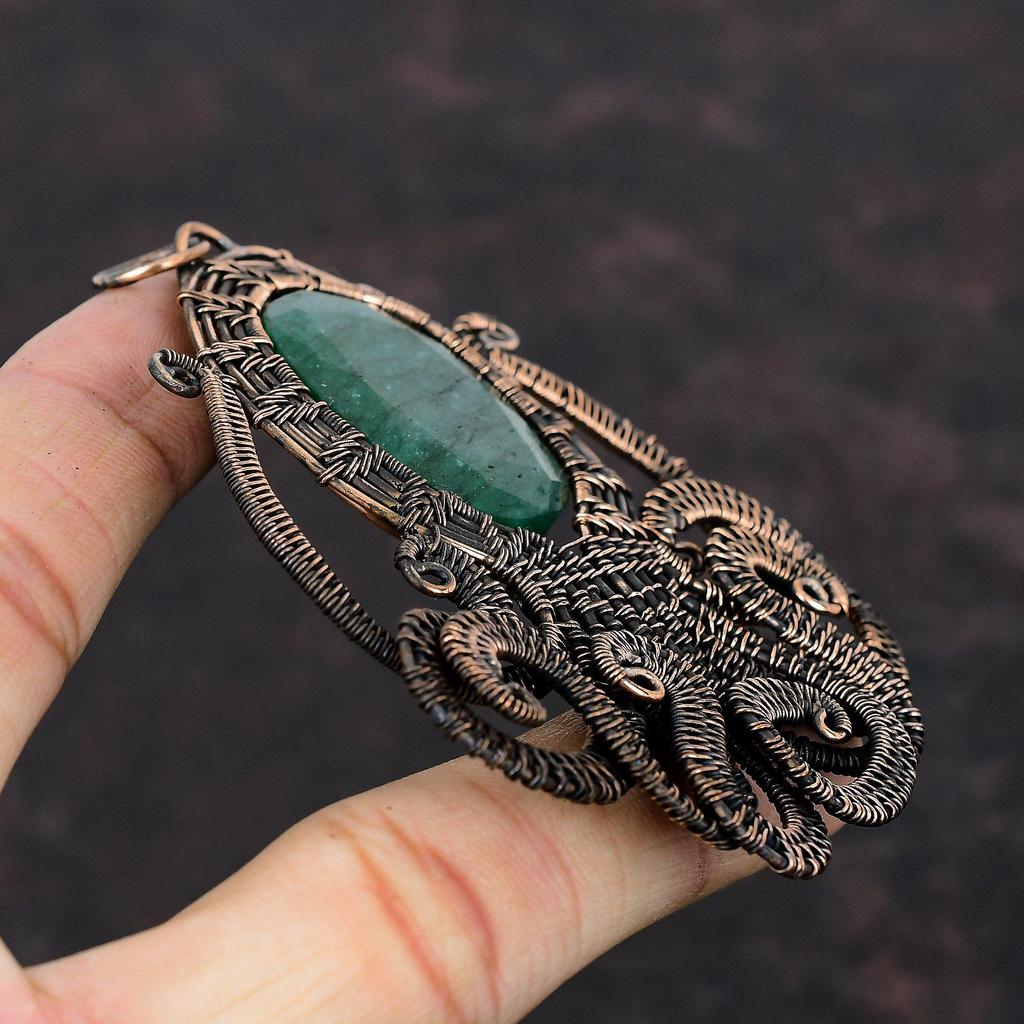 Кулон с ограненным замбийским изумрудом, обернутый медной проволокой, подвеска из медного драгоценного камня, подвеска ручной работы из проволоки, подарок для нее, ювелирные изделия в виде осьминога