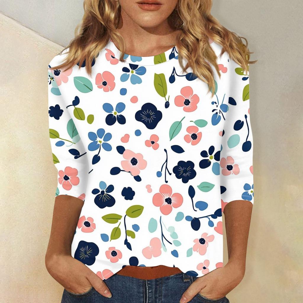 Женская модная повседневная футболка с круглым вырезом и принтом 3/4