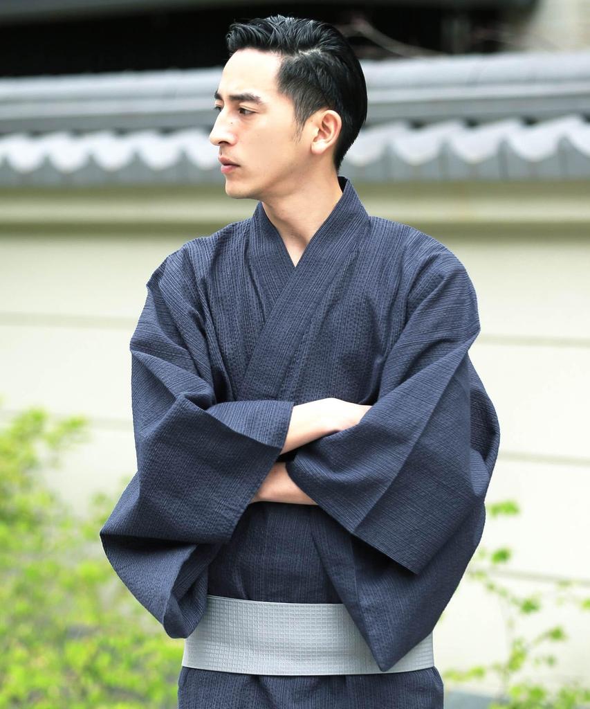 Yukata 6 Piece Set Shingen Waist L B Indigo Drizzle Easy To Yukata Summer Japanese Japanese [Rochelle] Men's (Yukata, Obi, Geta, Bag, Fan, Belt)