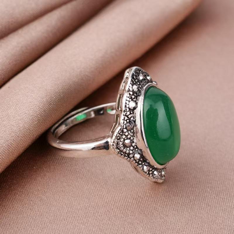 Кольцо из благородного камня в стиле ретро с имитацией халцедона и граната, женское, имитация тайского серебра, живое кольцо