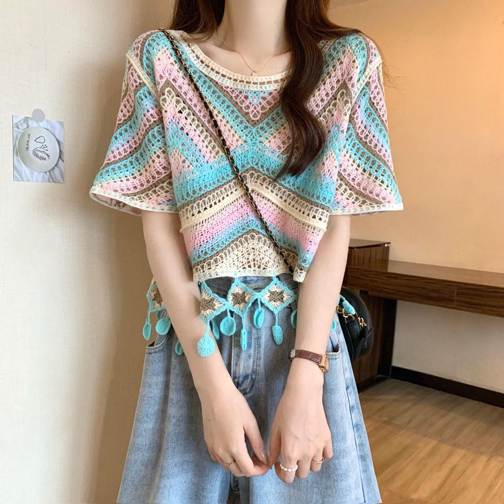 Трикотажная рубашка из ледяного шелка с вышитым ажурным узором в богемном стиле и короткими рукавами с цветочным узором в этническом стиле 1